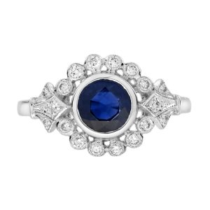 Blue Sapphire Diamond Art Deco Style Engagement Ring
