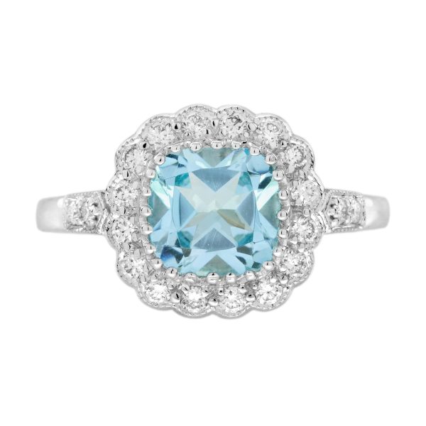 Cushion Blue Topaz and Diamond Antique Style Engagement Ring - Image 10