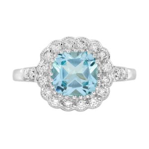 Cushion Blue Topaz and Diamond Antique Style Engagement Ring