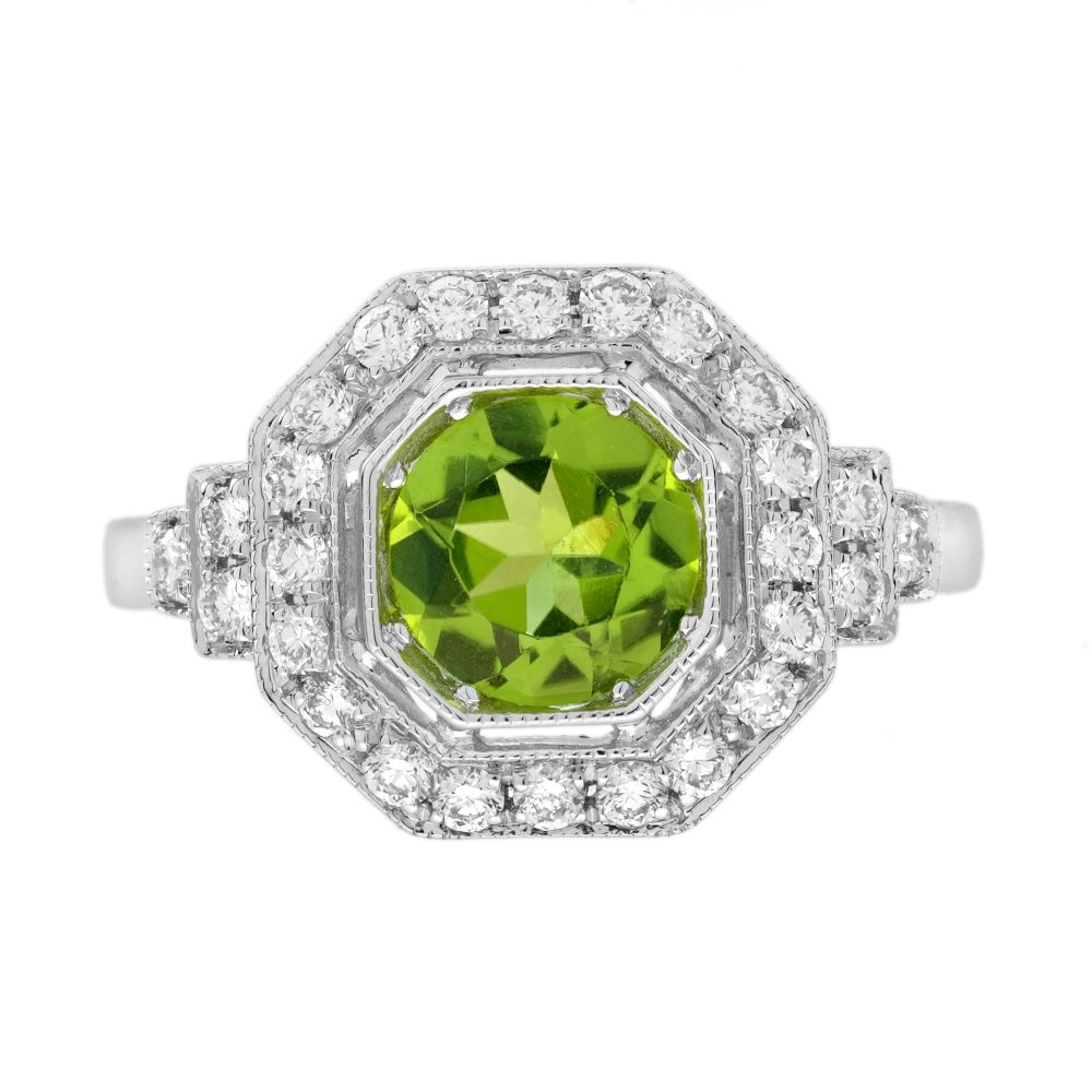 Peridot and Diamond Art Deco Style Engagement Ring