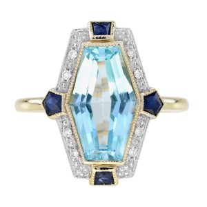 Elongated Hexagon Blue Topaz Diamond Sapphire Art Deco Style Ring