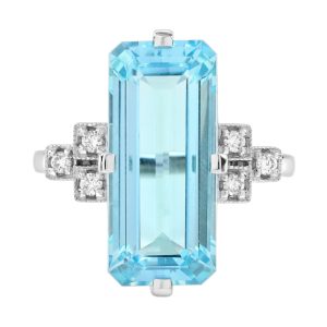 Art Deco Style Baguette Cut Blue Topaz and Diamond Cocktail Ring