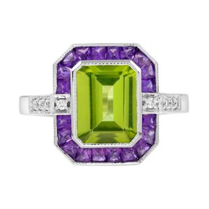 Emerald Cut Peridot Amethyst and Diamond Art Deco Style Ring