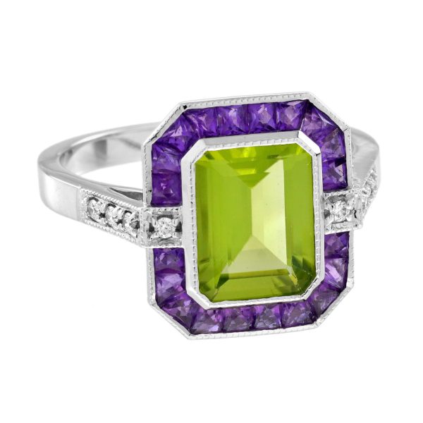 Emerald Cut Peridot Amethyst and Diamond Art Deco Style Ring - Image 6