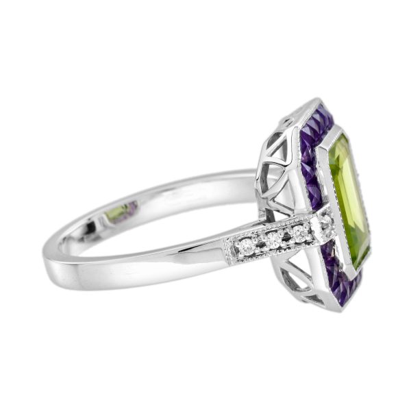 Emerald Cut Peridot Amethyst and Diamond Art Deco Style Ring - Image 7