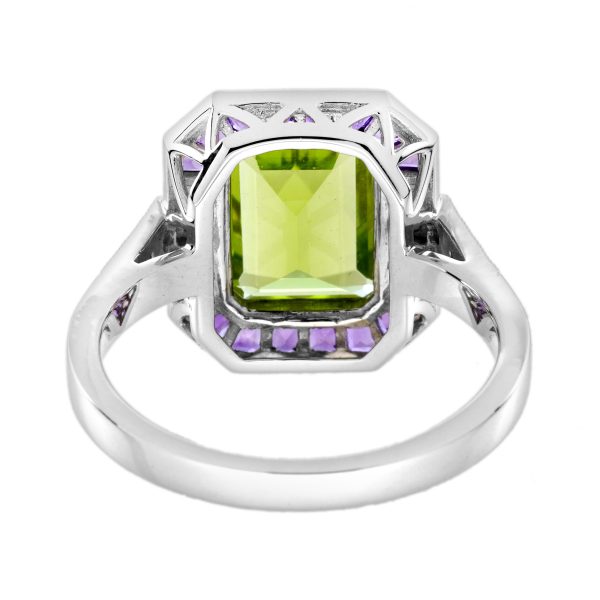 Emerald Cut Peridot Amethyst and Diamond Art Deco Style Ring - Image 8