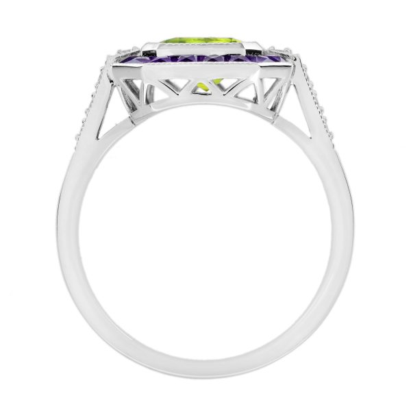 Emerald Cut Peridot Amethyst and Diamond Art Deco Style Ring - Image 9