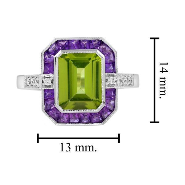 Emerald Cut Peridot Amethyst and Diamond Art Deco Style Ring - Image 10