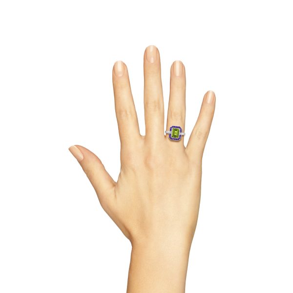 Emerald Cut Peridot Amethyst and Diamond Art Deco Style Ring - Image 11