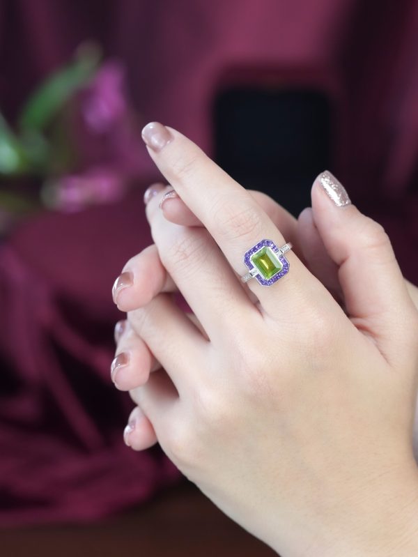 Emerald Cut Peridot Amethyst and Diamond Art Deco Style Ring - Image 2
