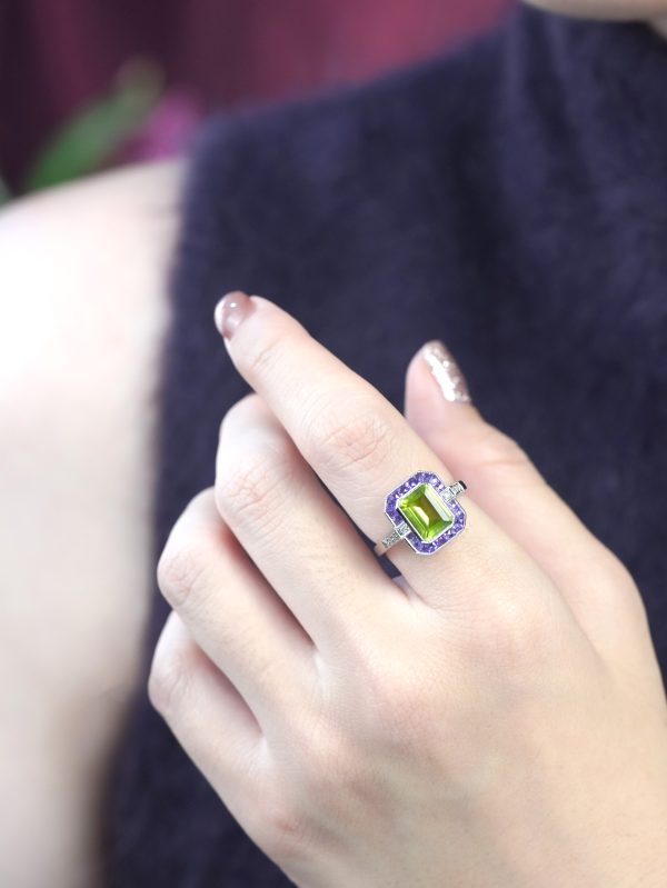 Emerald Cut Peridot Amethyst and Diamond Art Deco Style Ring - Image 3