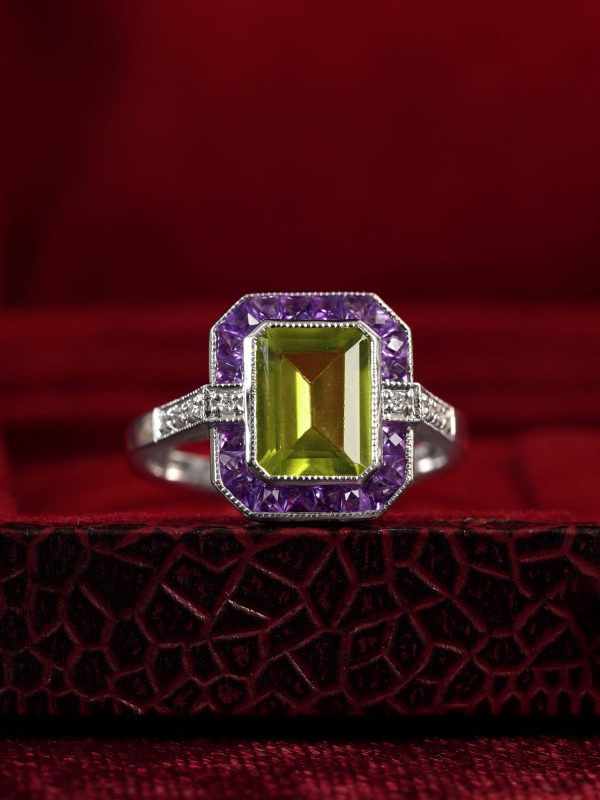 Emerald Cut Peridot Amethyst and Diamond Art Deco Style Ring - Image 4