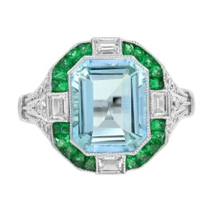 Aquamarine Emerald and Diamond Art Deco Style Ring