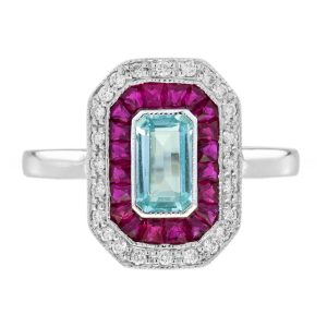 Blue Topaz Ruby and Diamond Art Deco Style Target Engagement Ring