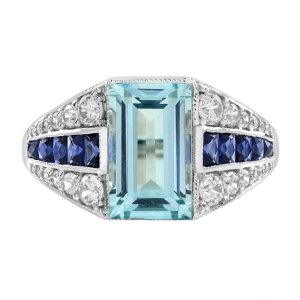 Aquamarine Sapphire and Diamond Art Deco Style Engagement Ring