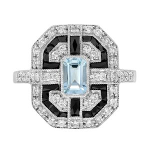 Aquamarine Onyx and Diamond Art Deco Style Engagement Ring