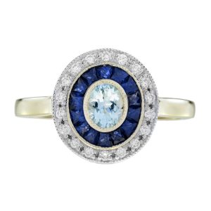 Aquamarine Sapphire and Diamond Art Deco Style Halo Ring