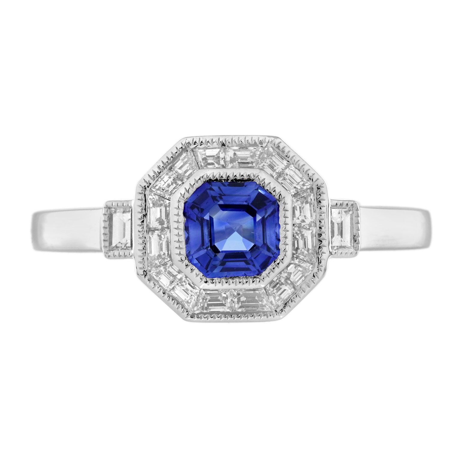 Blue Sapphire Diamond Art Deco Style Halo Engagement Ring