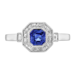 Blue Sapphire Diamond Art Deco Style Halo Engagement Ring