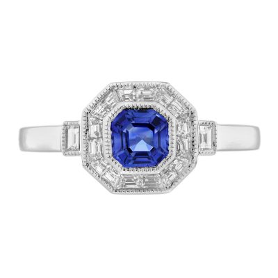 Blue Sapphire Diamond Art Deco Style Halo Engagement Ring