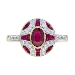 Ruby and Diamond Art Deco Style Oval Halo Ring