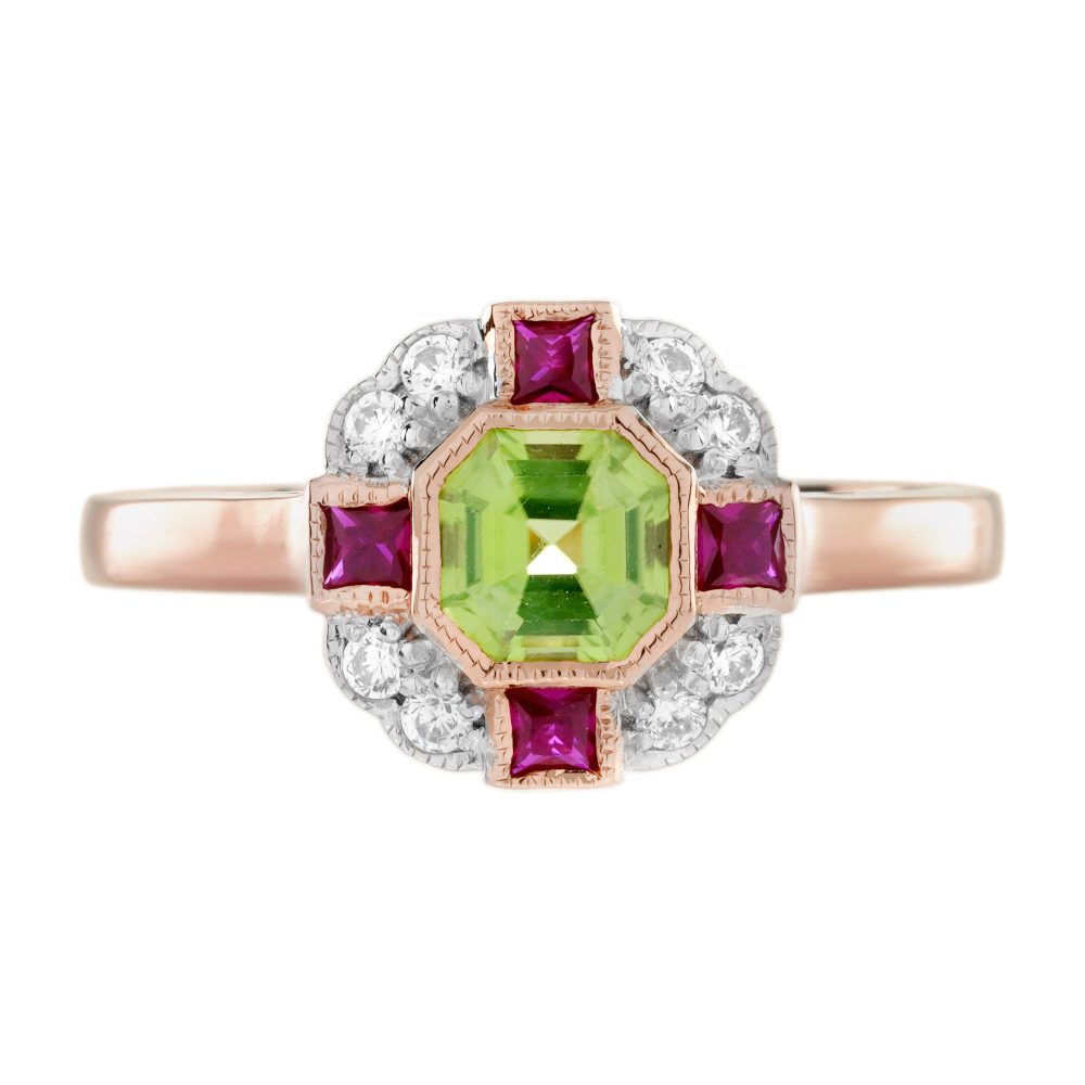 Peridot Ruby and Diamond Art Deco Style Ring