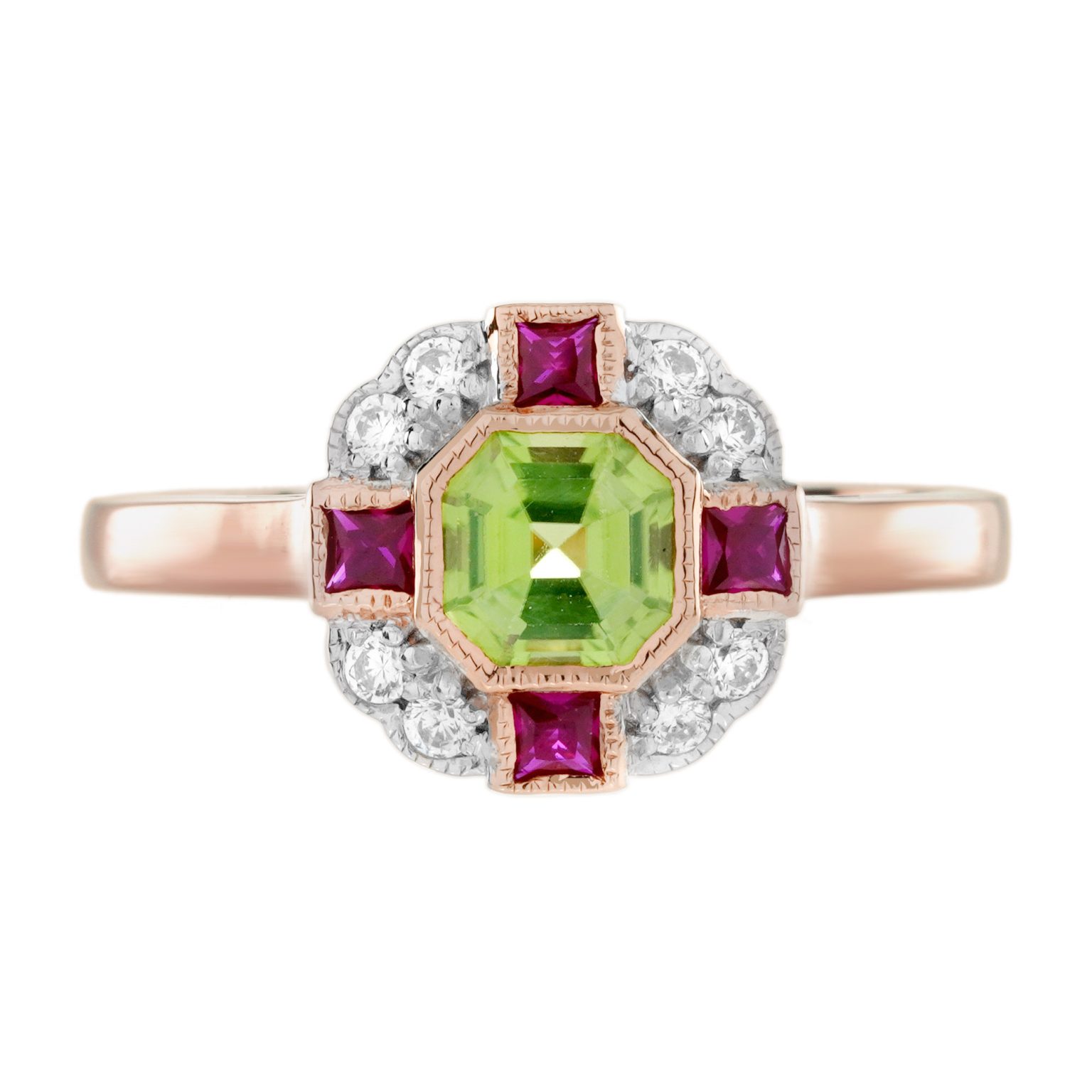 Peridot Ruby and Diamond Art Deco Style Ring