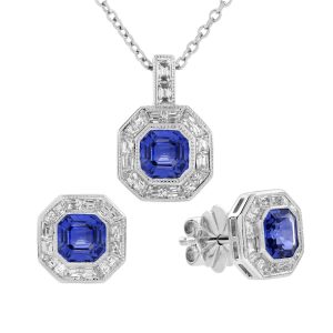 Blue Sapphire and Diamond Art Deco Style Necklace and Earrings Jewelry Set