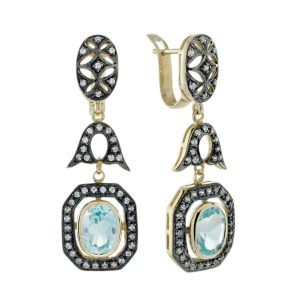Blue Topaz and Diamond Art Deco Style Dangle Earrings