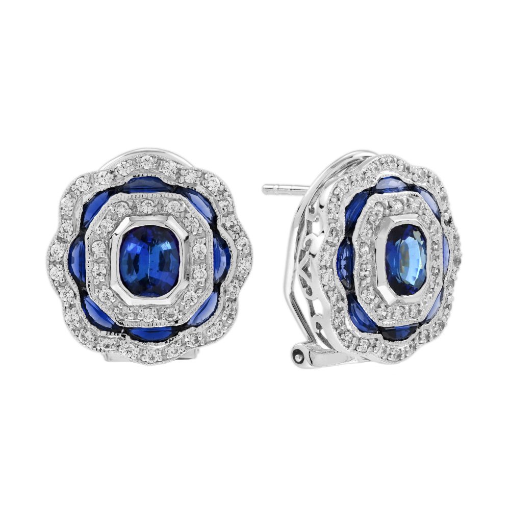 Sapphire and Diamond Art Deco Style Omega Earrings