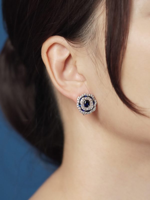 Sapphire and Diamond Art Deco Style Omega Earrings - Image 2
