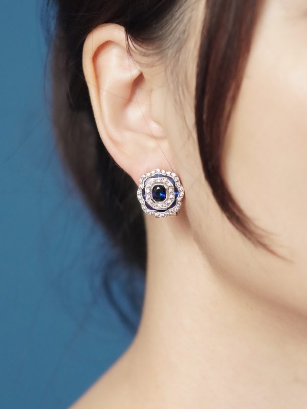Sapphire and Diamond Art Deco Style Omega Earrings - Image 3