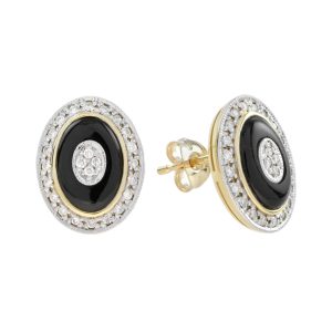 Diamond Onyx Art Deco Style Oval Halo Stud Earrings