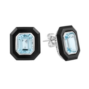 Blue Topaz and Onyx Art Deco Style Stud Earring