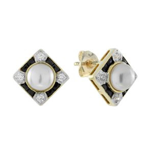 Pearl Onyx and Diamond Art Deco Style Square Stud Earrings