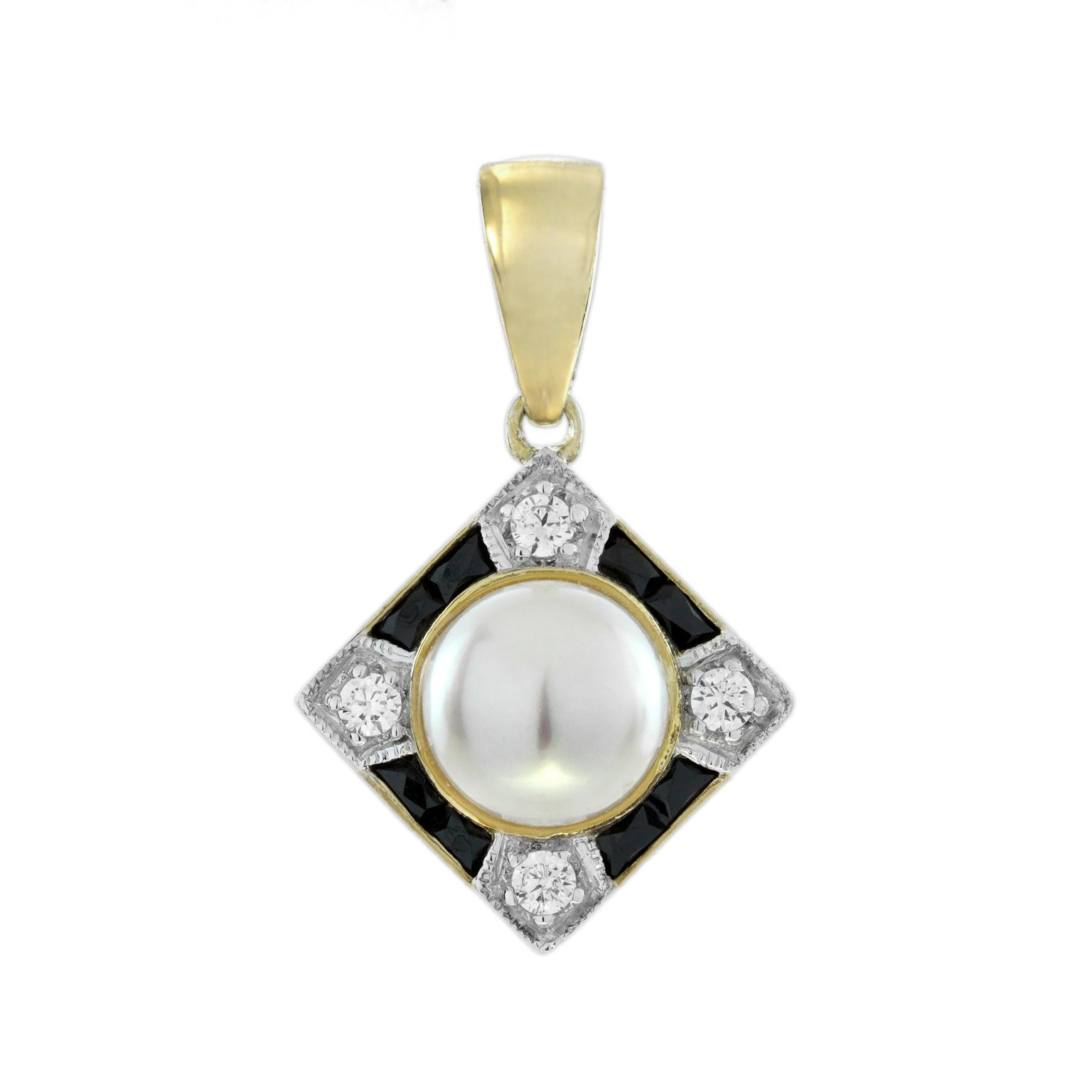 Pearl Onyx and Diamond Art Deco Style Square Pendant