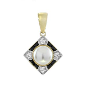 Pearl Onyx and Diamond Art Deco Style Square Pendant