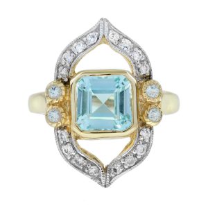 Blue Topaz and Diamond Art Deco Style Cocktail Ring