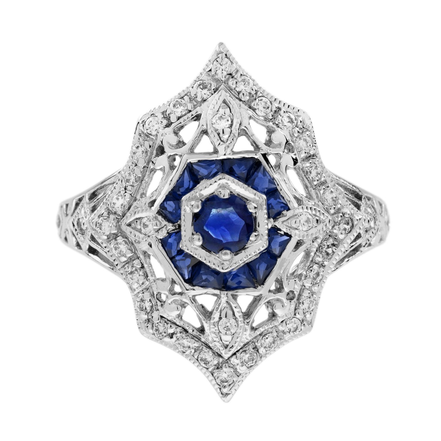 Blue Sapphire and Diamond Art Deco Style Filigree Engagement Ring