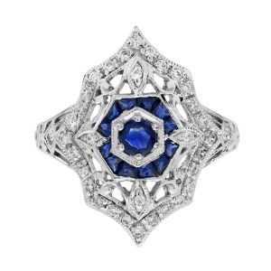 Blue Sapphire and Diamond Art Deco Style Filigree Engagement Ring