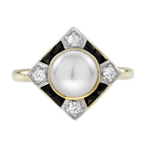Pearl Onyx and Diamond Art Deco Style Engagement Ring