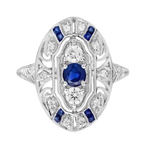 Sapphire and Diamond Art Deco Style Three Stone Dinner Ring