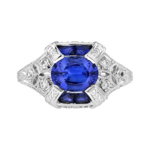 Ceylon Sapphire and Diamond Art Deco Style Filigree Engagement Ring