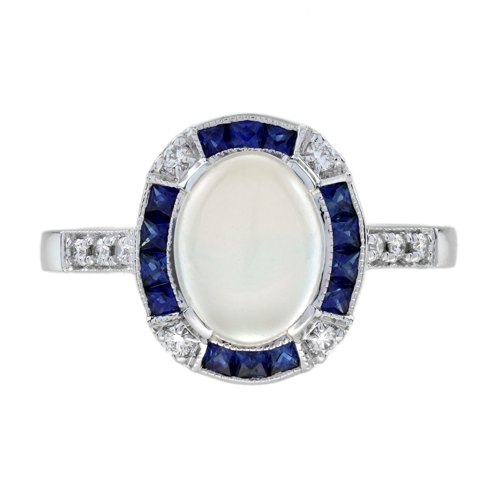 Moonstone Sapphire and Diamond Art Deco Style Halo Ring