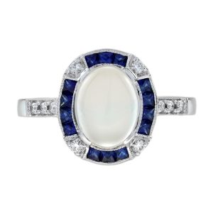 Moonstone Sapphire and Diamond Art Deco Style Halo Ring