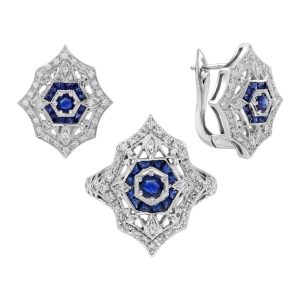Sapphire and Diamond Art Deco Style Ring and Earrings Jewelry Set