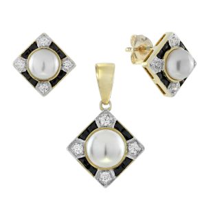 Pearl Onyx and Diamond Art Deco Style Square Pendant and Earrings Jewelry Set