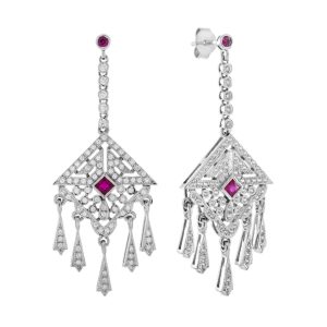 Ruby and Diamond Art Deco Style Dangle Earrings
