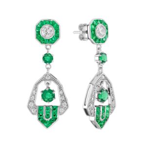 Emerald and Diamond Art Deco Style Dangle Earrings