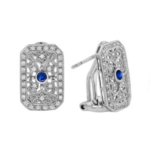Sapphire Diamond Antique Style Filigree Omega Back Earrings